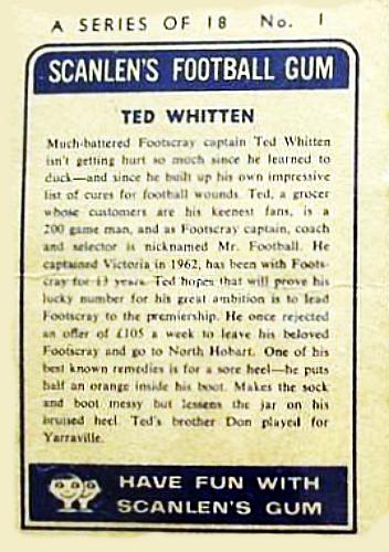1963 Scanlens VFL #1 Ted Whitten Back